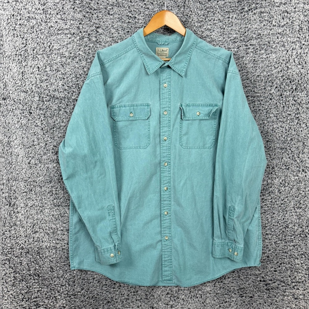 LL Bean Shirt Mens 2XLT Green Button Up Two Pocket Traditional Fit Cotton Casual